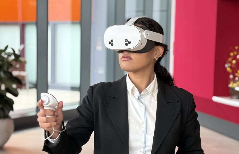 A security officer training in a VR headset